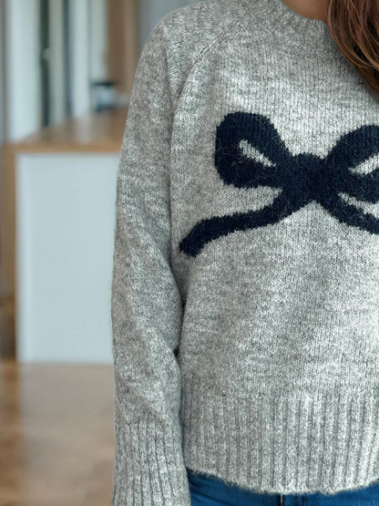 Bow Round Neck Long Sleeve Sweater - Beige, side view on model - Be Juliet