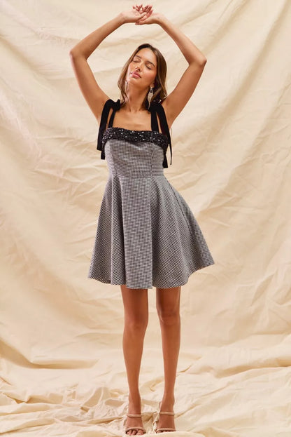 Sophie Houndstooth Tie-Shoulder Mini Dress - Be Juliet