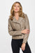 Be Juliet The Clou Studded Moto Jacket taupe, close-up front, asymmetric zip with studded shoulder panels