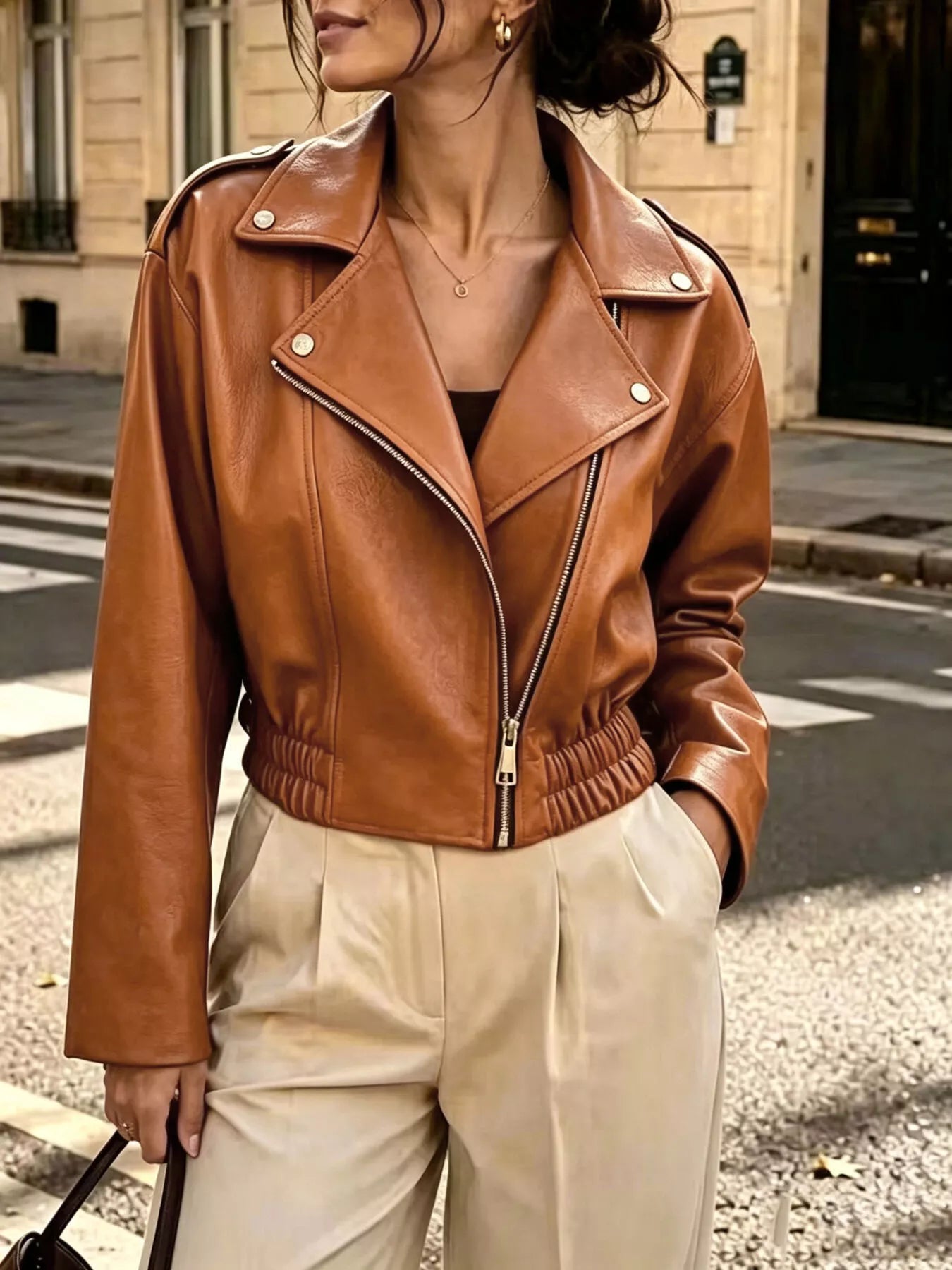 The Moto Faux Leather Zip Jacket - Caramel, front 3/4 collar and zipper detail - Be Juliet