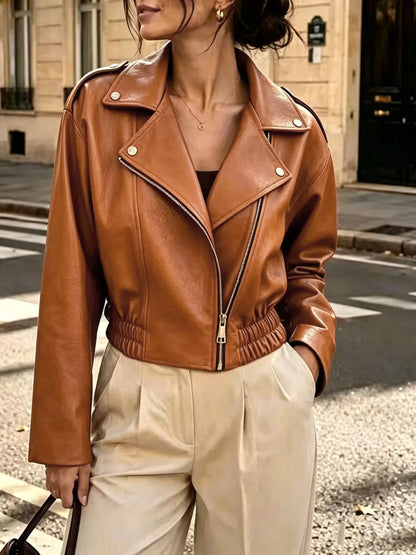 The Moto Faux Leather Zip Jacket - Caramel, front 3/4 collar and zipper detail - Be Juliet