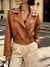 The Moto Faux Leather Zip Jacket - Caramel, front 3/4 collar and zipper detail - Be Juliet
