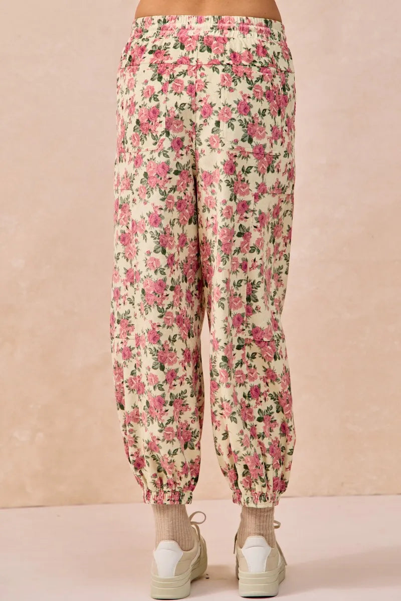 Floral Printed Twill Drawstring Pants - Be Juliet