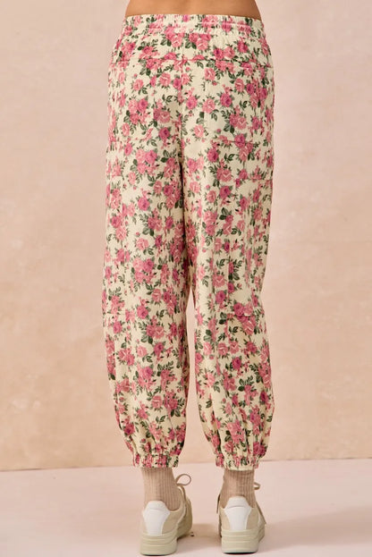 Floral Printed Twill Drawstring Pants - Be Juliet