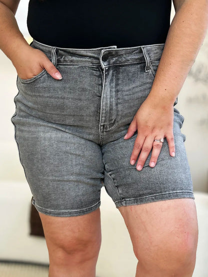 The Noelle Denim Cutoff Shorts - GREY, front close-up on model - Be Juliet