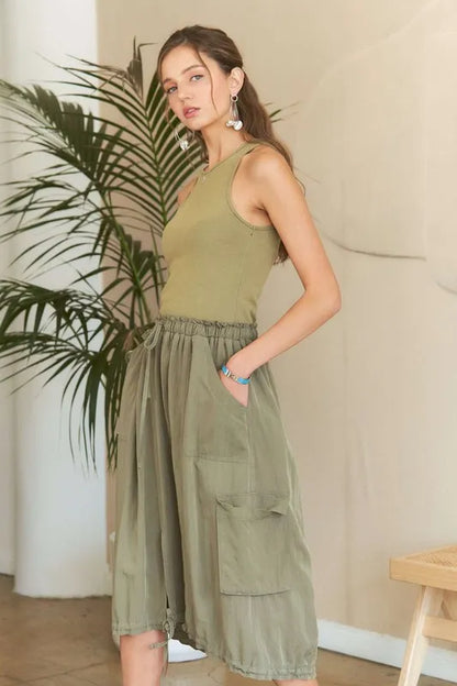 Frankie Washed Drawstring Dress - Lt Olive, side view on model - Be Juliet