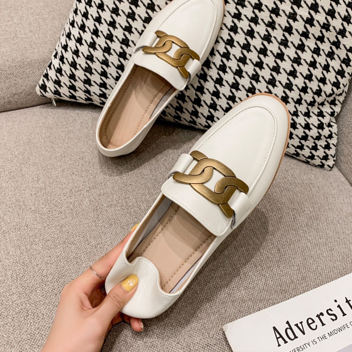 Cowhide Leather Flats Loafers - White, front view on model - Be Juliet
