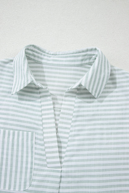 Stripe Collared V-Neck Chest Pocket Swim Cover Up - White Stripe, neckline and chest pocket detail - Be Juliet