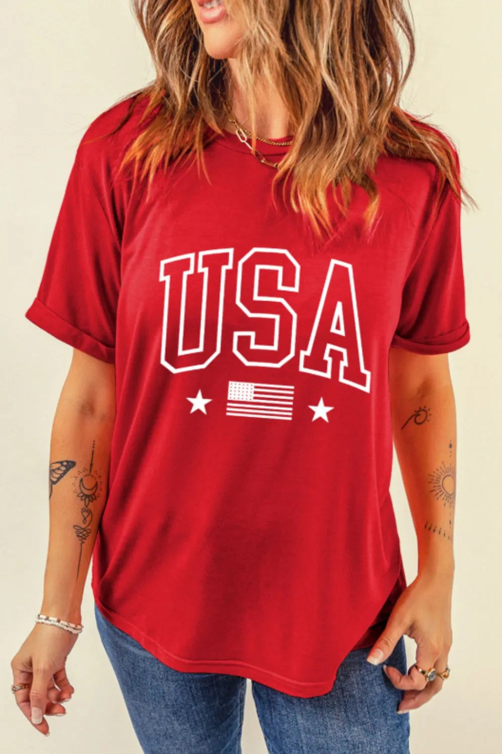 USA American Flag Crewneck T Shirt - Red, 3/4 angled view on model - Be Juliet