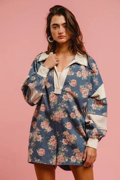 Chantalle Floral Denim Romper – Contrast Collar - Be Juliet
