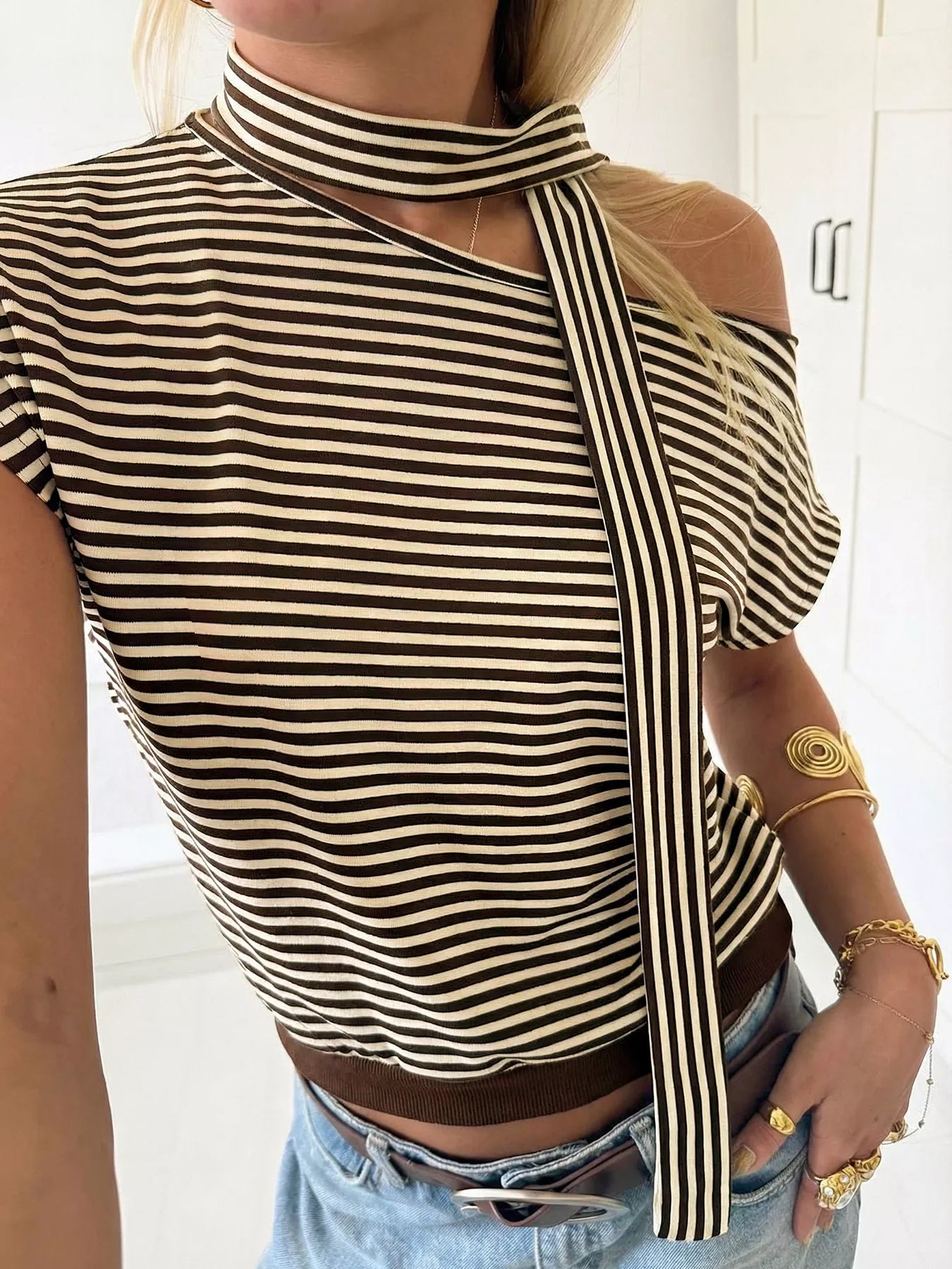 Striped Single Shoulder T-Shirt - Be Juliet
