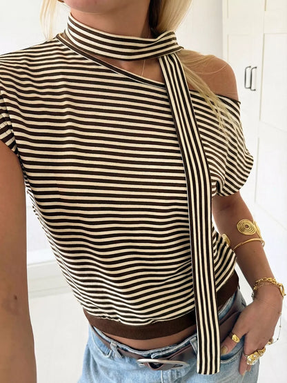 Striped Single Shoulder T-Shirt - Be Juliet