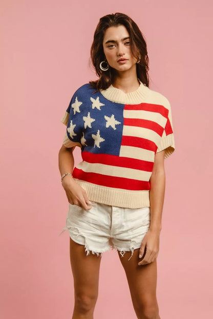 The Liberté — Star Patches American Flag Sleeveless Sweater - Vivid Red, front cropped torso view - Be Juliet
