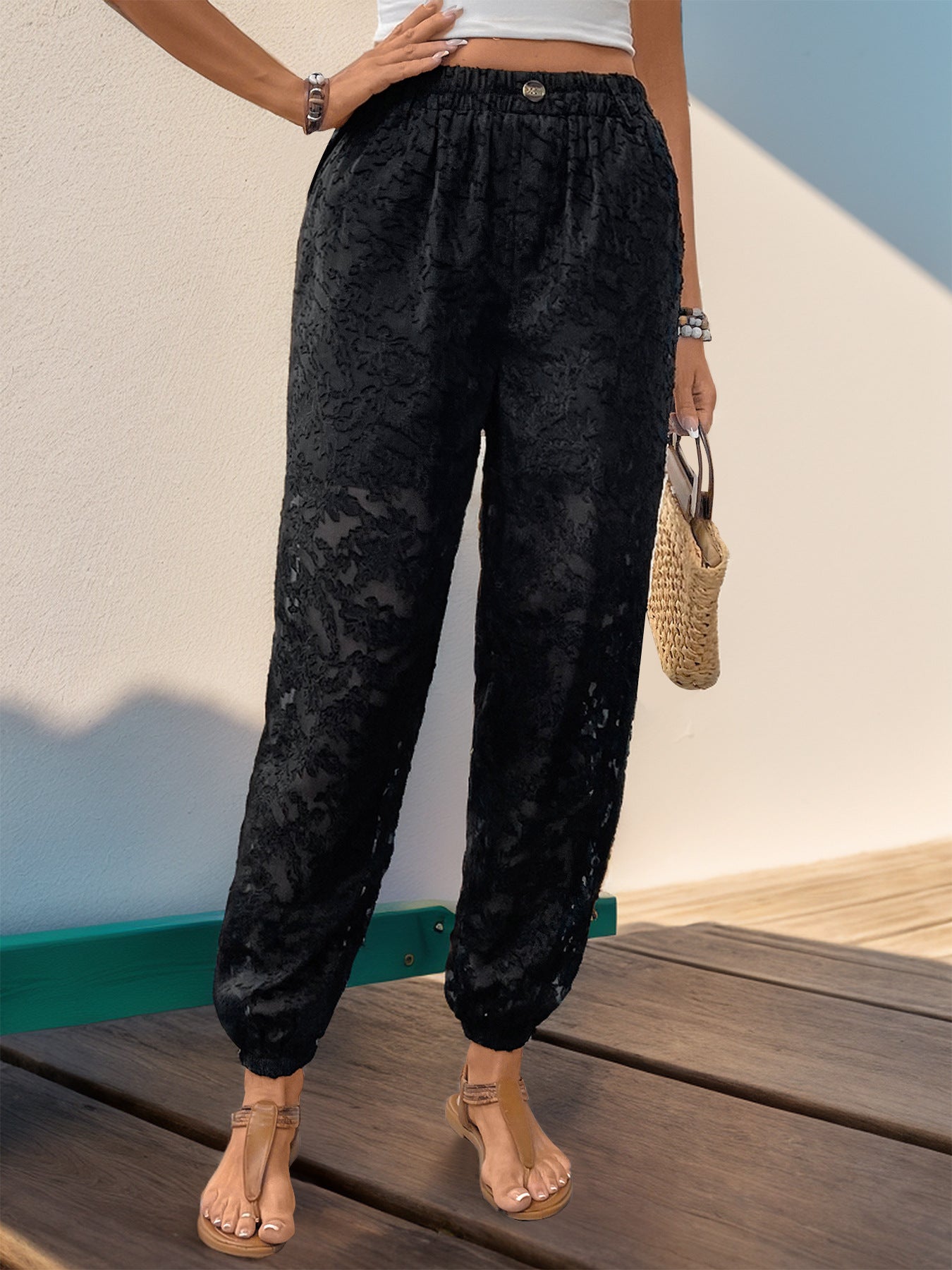 Parfee Pocketed Lace Elastic Waist Pants - Black, full-length front view on model - Be Juliet