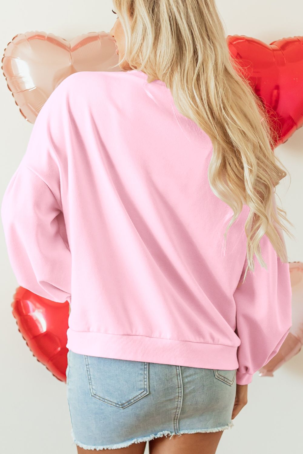 Bow Round Neck Long Sleeve Sweatshirt - Blush Pink, side view on model - Be Juliet