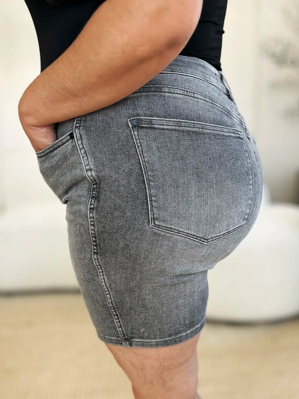 The Noelle Denim Cutoff Shorts - GREY, alternate front view on model - Be Juliet