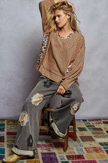 Colette Oversized Floral Contrast Ribbed Top - Be Juliet