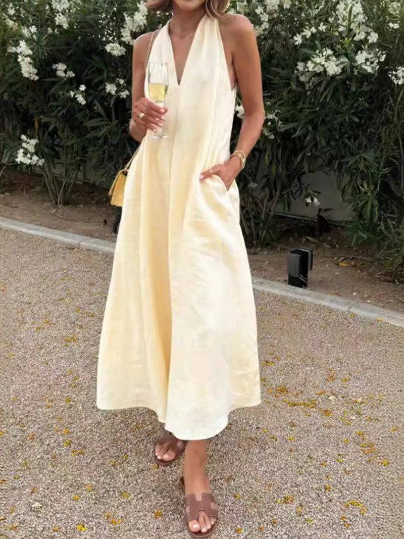 Halter V-Neck Linen Midi Dress Yellow / XL Halter V-Neck Linen Midi Dress Yellow / XL