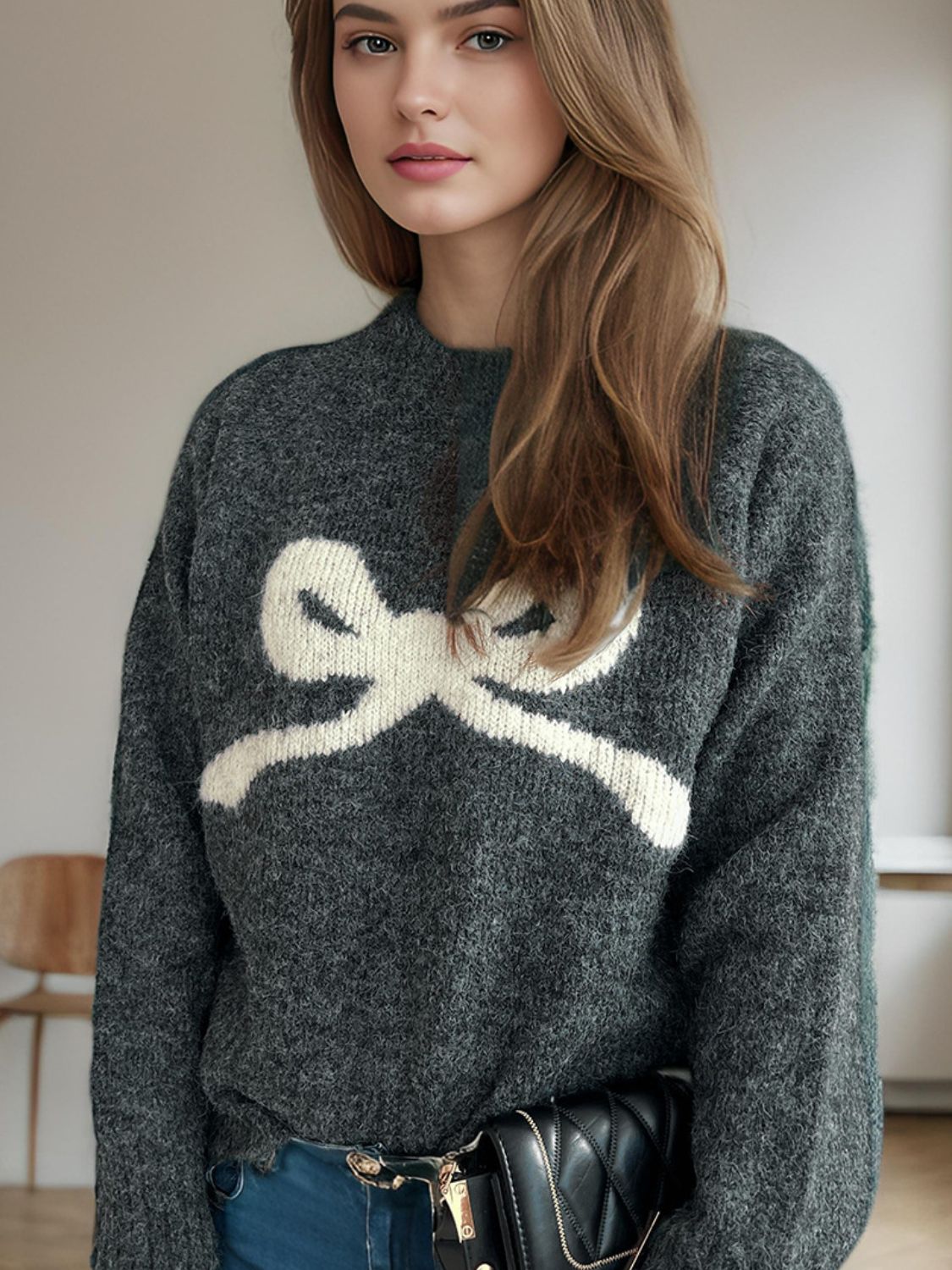 Bow Round Neck Long Sleeve Sweater - Dark Gray, side view on model - Be Juliet