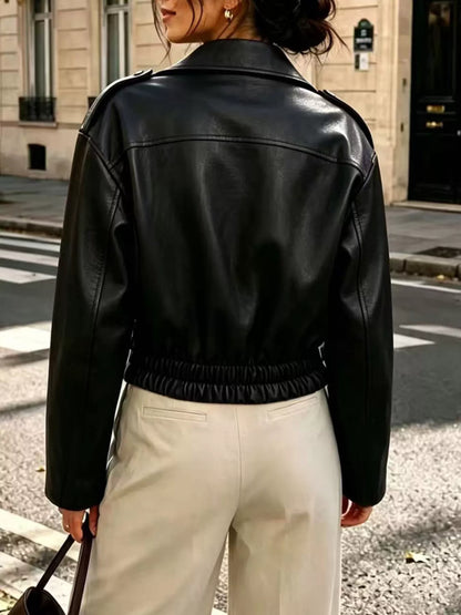 The Moto Faux Leather Zip Jacket - Black, back view shoulder yoke - Be Juliet