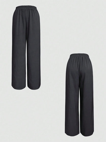 Isla Button-Up Sleeveless Top & Pants Set - Dark Gray, flat lay front view - Be Juliet
