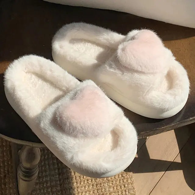 Heart Love Fluffy Fur Slippers - White, product shot showing this colorway - Be Juliet