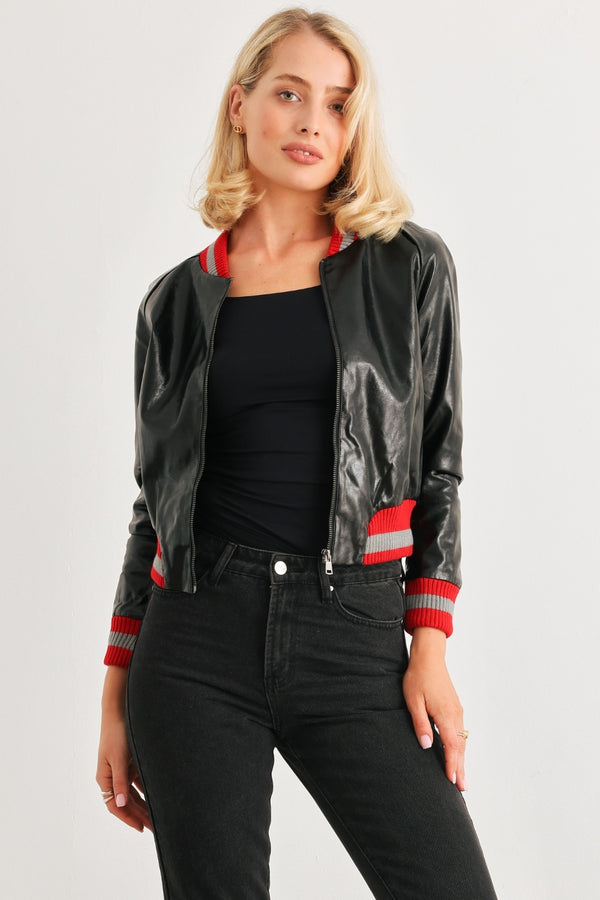 PU Leather Baseball Collar Long Sleeve Jacket