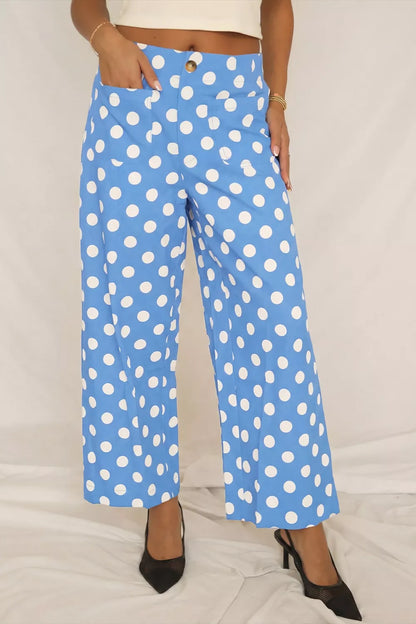 Vivienne Polka Dot Wide Leg Pants - Light Blue, side view on model - Be Juliet