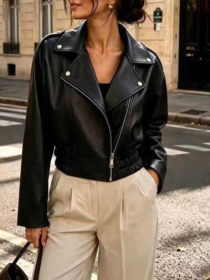 The Moto Faux Leather Zip Jacket - Black, front 3/4 collar and zipper detail - Be Juliet