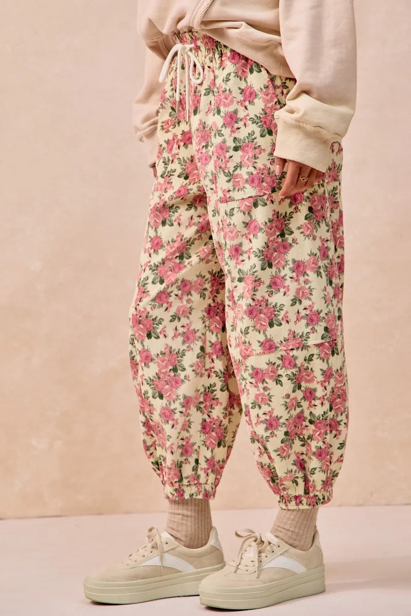 Floral Printed Twill Drawstring Pants - Be Juliet