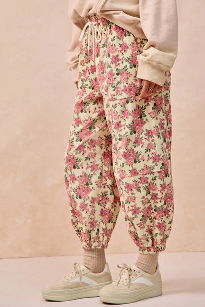 Floral Printed Twill Drawstring Pants - Be Juliet