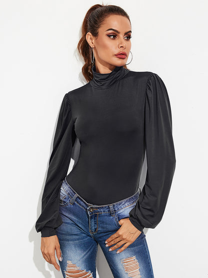 Backless Tie-Waist Turtleneck Lantern Sleeve Bodysuit - Black, back view showing open back - Be Juliet