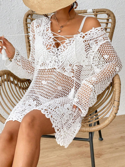 Cutout Tied V-Neck Long Sleeve Cover Up - Be Juliet