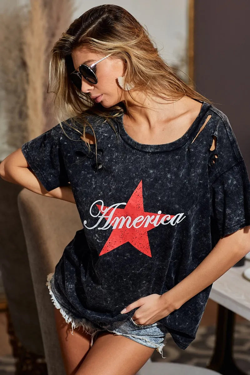 BiBi Laser-Cut Mineral Washed Jersey Tee – Americana Edition - Be Juliet