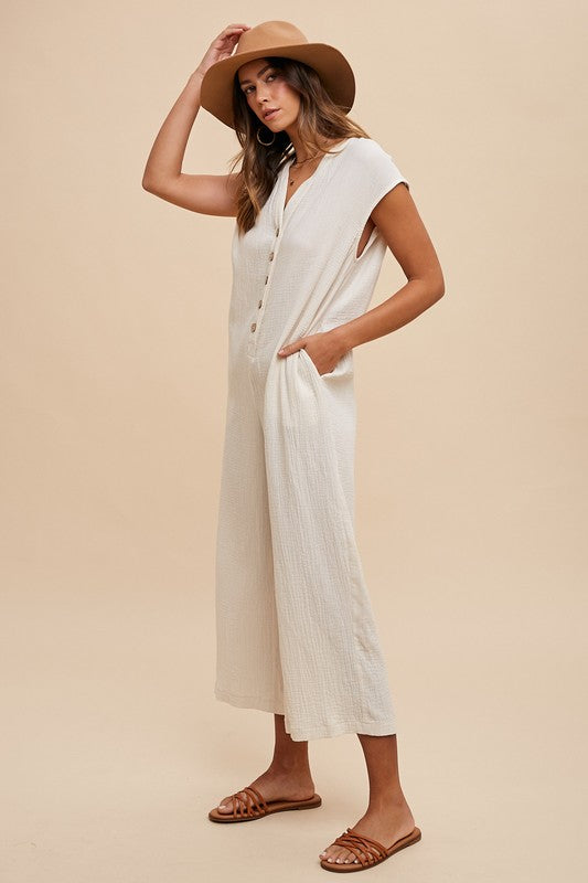 Annie Button-Front Wide Leg Jumpsuit with Pockets