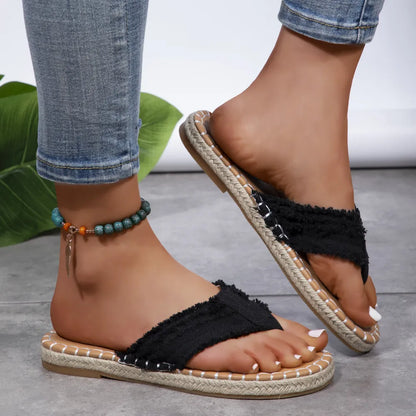 Camille Raw Hem Canvas Sandals - Be Juliet