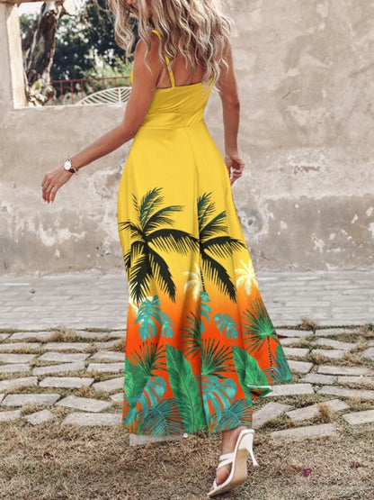 Fleur Feather Print Spaghetti Strap Dress - Yellow Bottom Flower, front view on model - Be Juliet