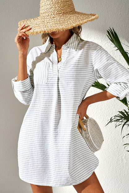 Stripe Collared V-Neck Chest Pocket Swim Cover Up - White Stripe, front view relaxed fit on model - Be Juliet