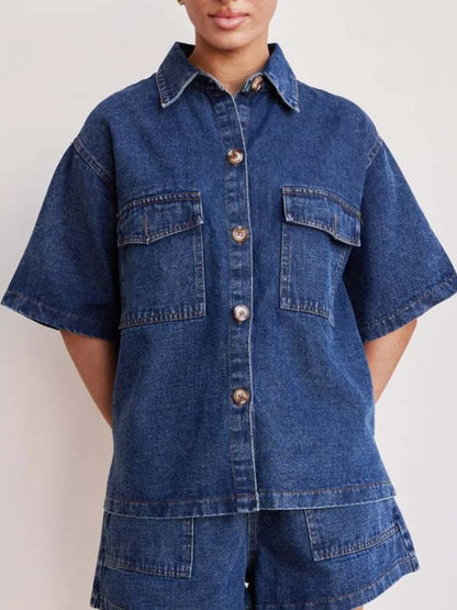 Kati Button Up Half Sleeve Denim Shirt - Light, back view on model - Be Juliet