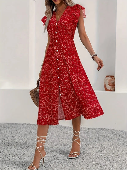 Isabella Ruffle Sleeve Button-Front Midi Dress - Red, front view on model - Be Juliet