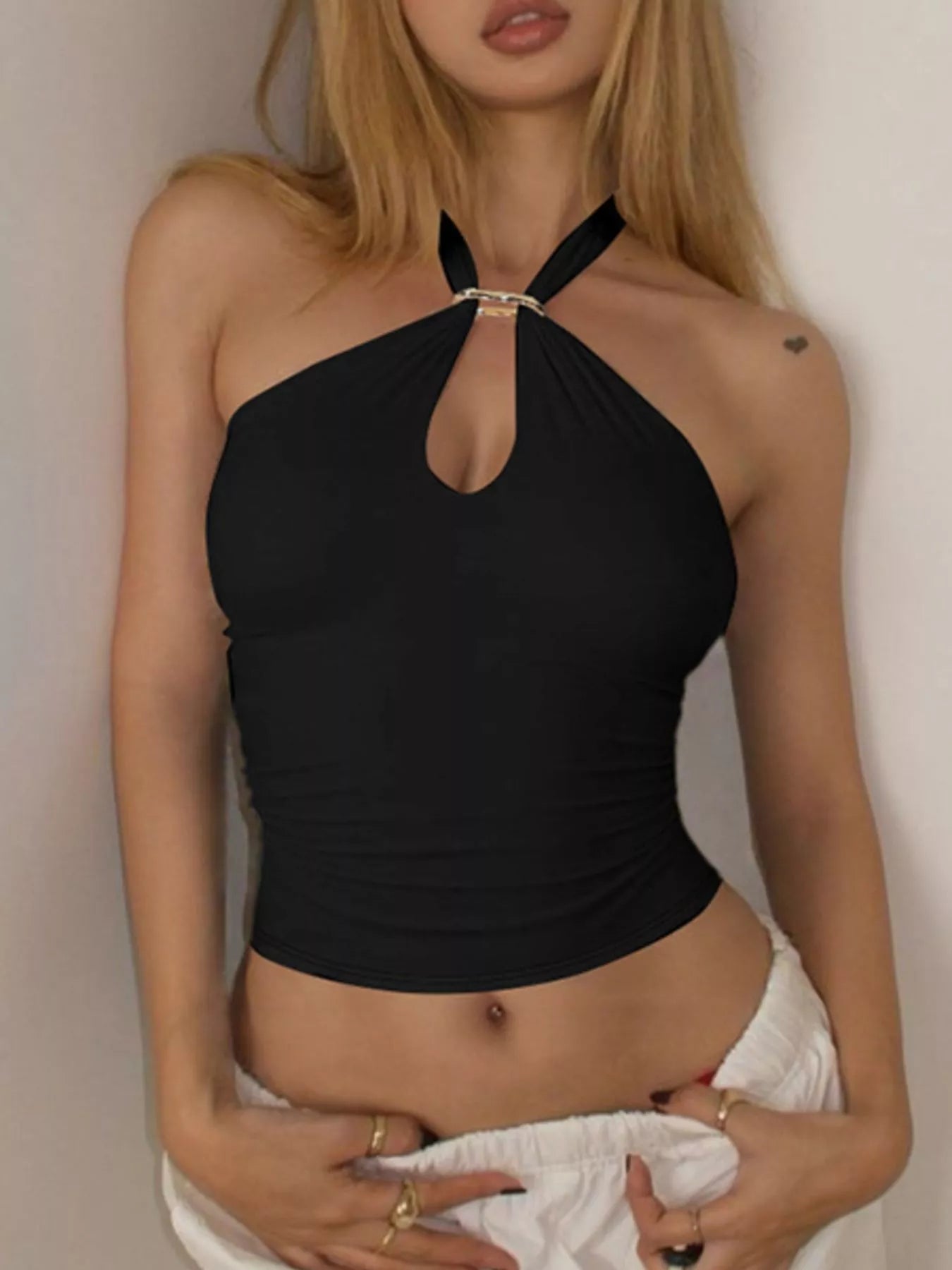 Halter Neck Cami with Keyhole Detail - Black, front view on model with white bottoms - Be Juliet