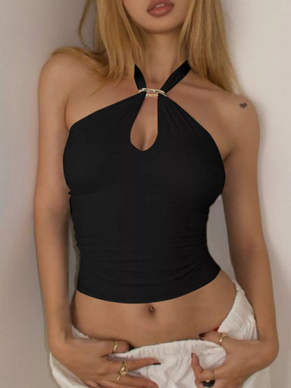 Halter Neck Cami with Keyhole Detail - Black, front view on model with white bottoms - Be Juliet