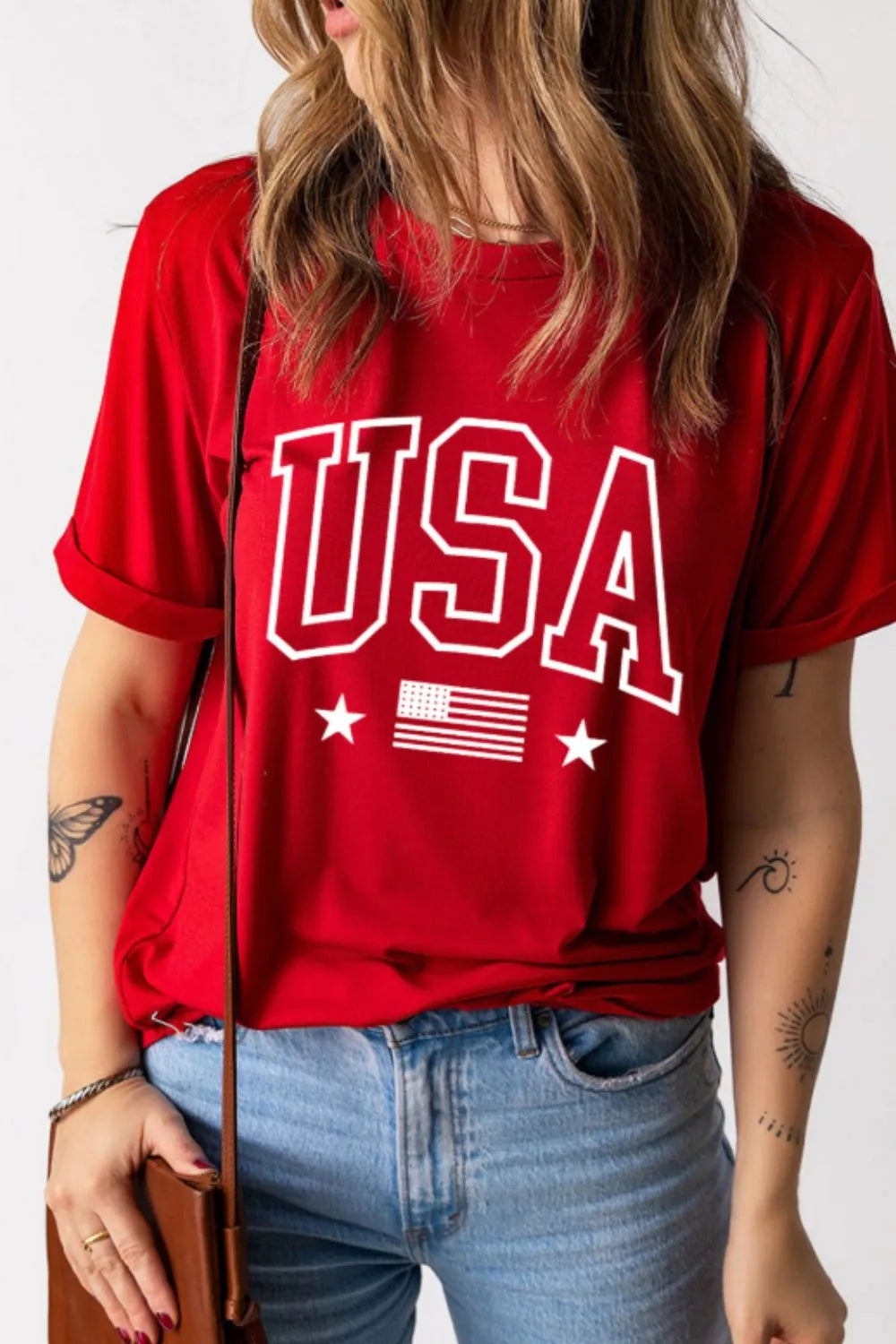 USA American Flag Crewneck T Shirt - Red, back view on model - Be Juliet