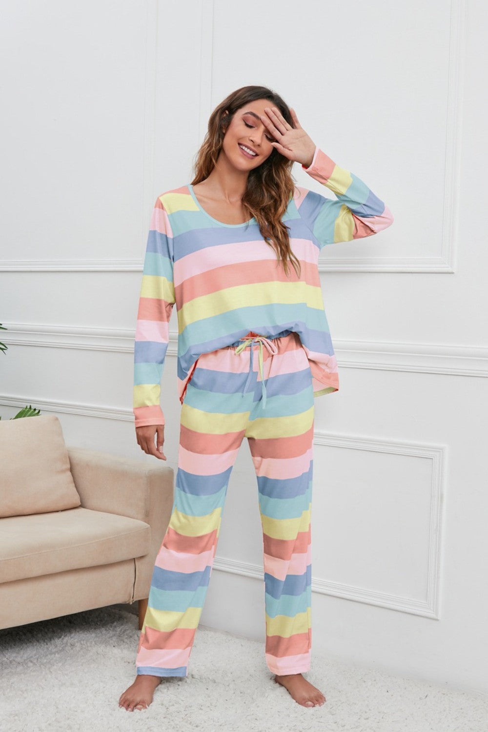 Striped Round Neck Long Sleeve Top and Drawstring Pants Lounge Set - Be Juliet
