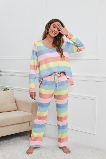 Striped Round Neck Long Sleeve Top and Drawstring Pants Lounge Set - Be Juliet