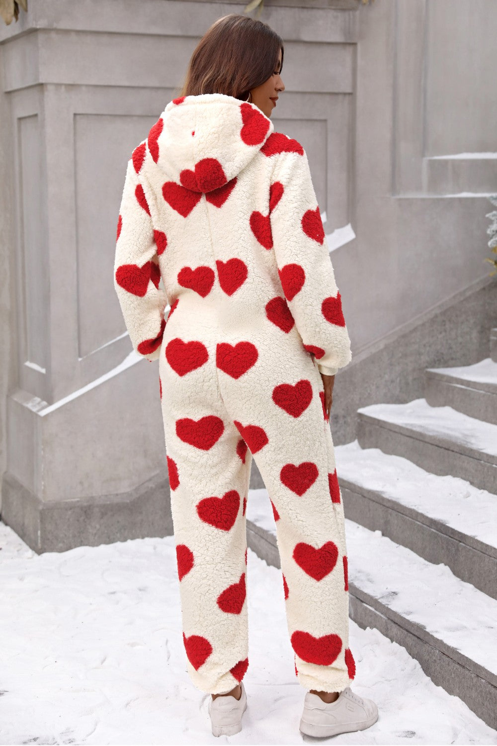 Fuzzy Heart Zip Up Hooded Lounge Jumpsuit - Be Juliet