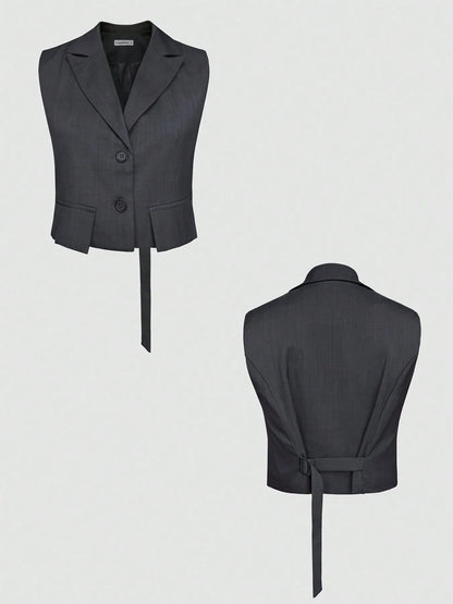 Isla Button-Up Sleeveless Top & Pants Set - Dark Gray, close-up detail - Be Juliet