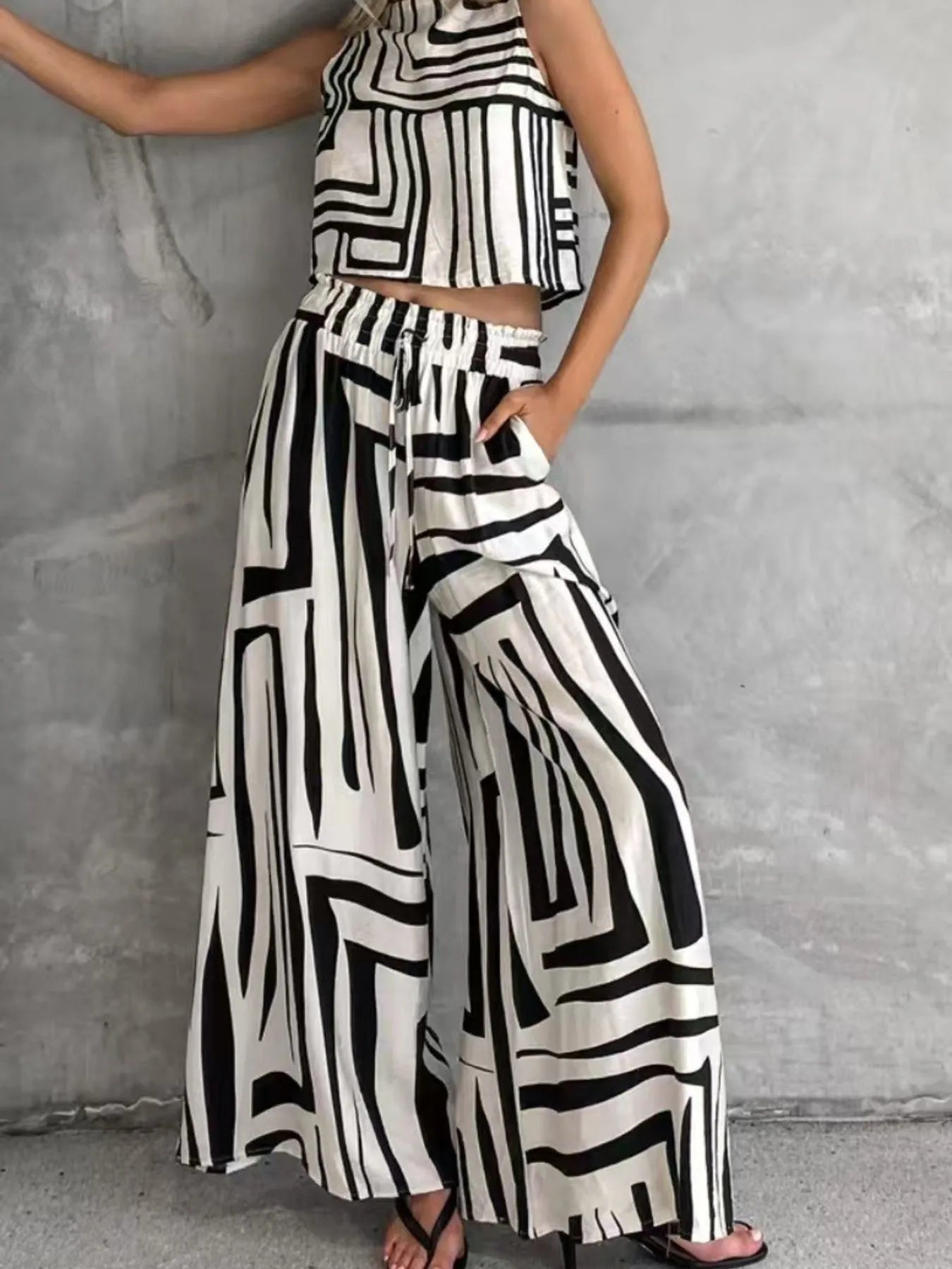 Rosalie Geometric Print Co-ord Set - White, print detail close-up - Be Juliet