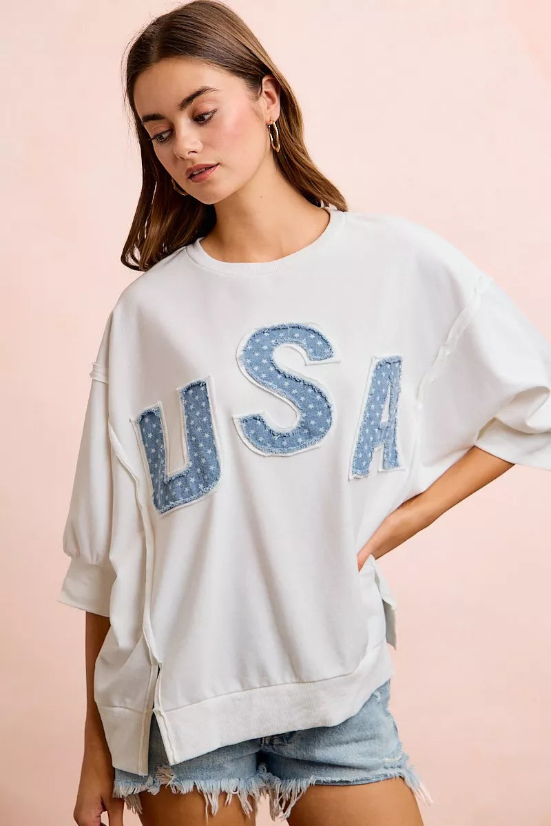 BiBi 4th Of July Usa Letter Patchwork French Terry Top - Ivory, full-length view on model - Be Juliet