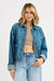 Sloane Oversized Cargo Pocket Denim Jacket - Denim Blue, front view on model - Be Juliet